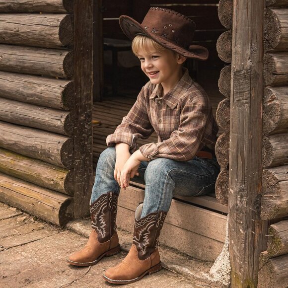 ⚡Kid Brown/Tan Synthetic Cowboy Western Riding Shoes Square Toe Wide Calf Boot - Picture 6 of 8